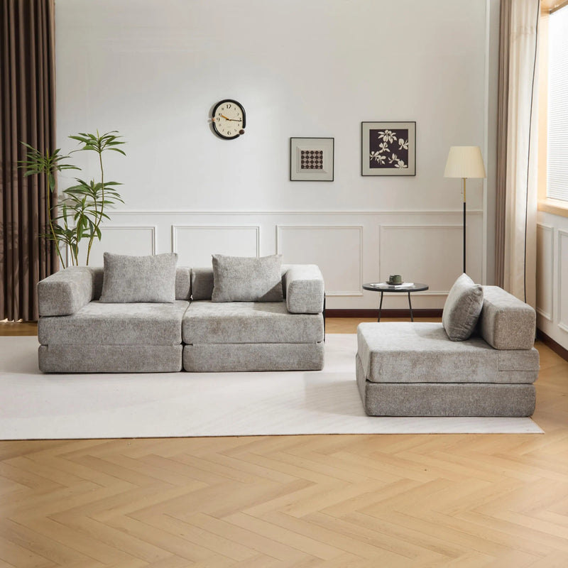 Grey Chenille Sofa Bed,Convertible Foldable Guest Bed with Pillows,3-Seater Loveseat Sofa,3-in-1 Modular Couch for Living Room