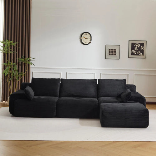 3-Seater L-Shaped Corner Sofa,Corduroy No Assembly Required Lounger,Black Modular Sectional Couch with Pillows,Soft Loveseat