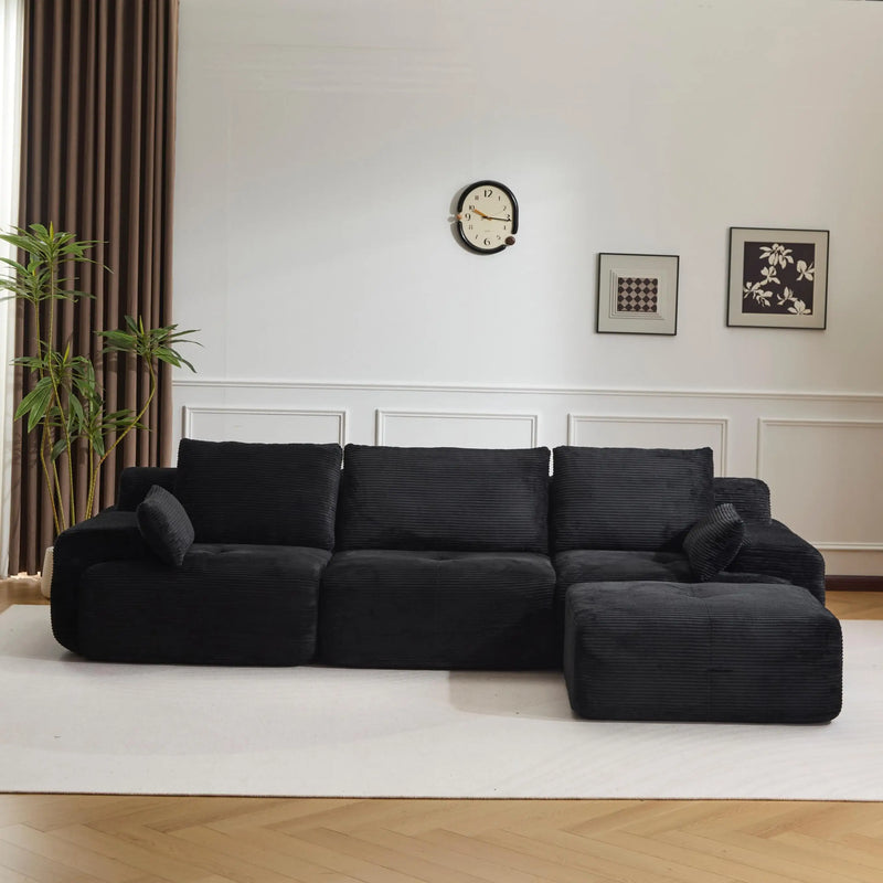 3-Seater L-Shaped Corner Sofa,Corduroy No Assembly Required Lounger,Black Modular Sectional Couch with Pillows,Soft Loveseat