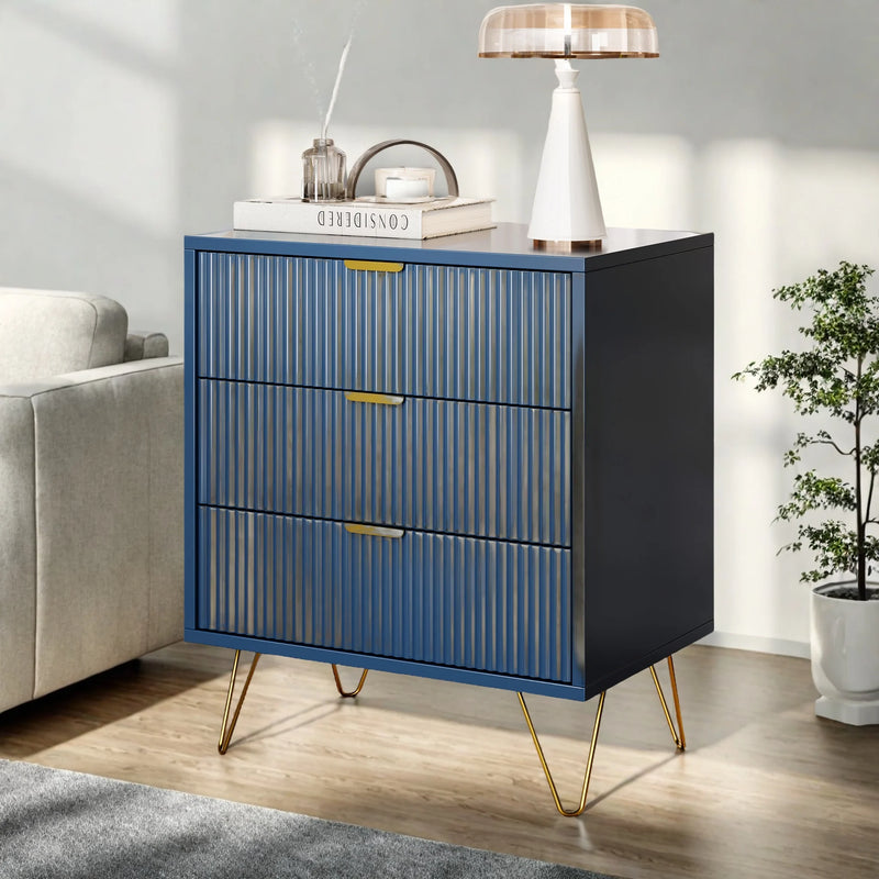 Rosahqnda Gold-plated Leg Bedside Table,Vertical Grain with Drawers,Suitable for Bedroom,Living Room,Dark Blue