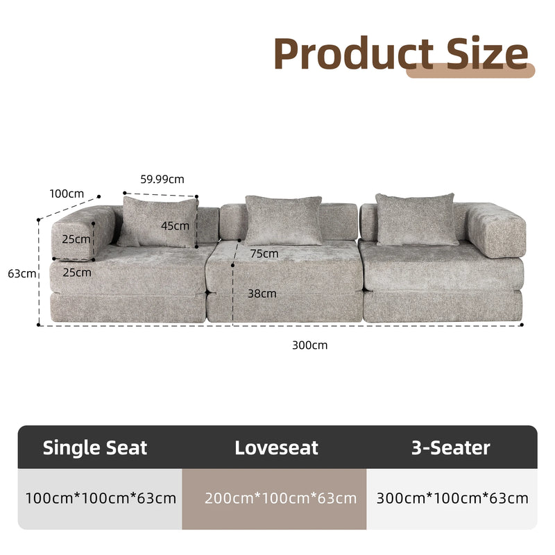 Grey Chenille Sofa Bed,Convertible Foldable Guest Bed with Pillows,3-Seater Loveseat Sofa,3-in-1 Modular Couch for Living Room