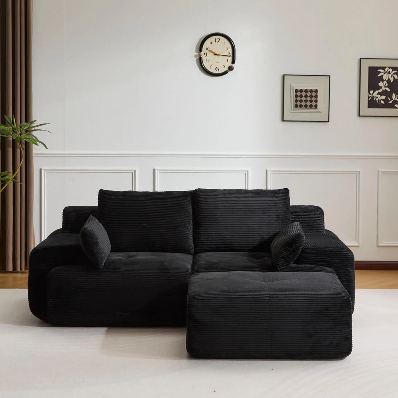 3-Seater L-Shaped Corner Sofa,Corduroy No Assembly Required Lounger,Black Modular Sectional Couch with Pillows,Soft Loveseat