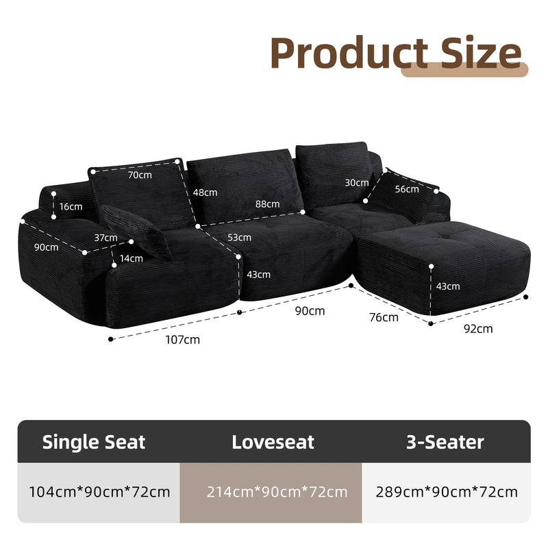 3-Seater L-Shaped Corner Sofa,Corduroy No Assembly Required Lounger,Black Modular Sectional Couch with Pillows,Soft Loveseat