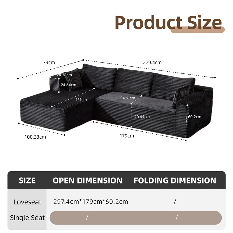 Modern Black Compressed Sofa,3-Seater L-Shaped Sofa with Pillows,No Assembly Required Deep Corduroy Sofa For Living Room,Bedroom