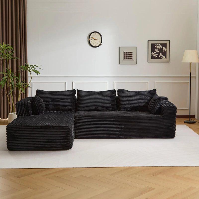 Modern Black Compressed Sofa,3-Seater L-Shaped Sofa with Pillows,No Assembly Required Deep Corduroy Sofa For Living Room,Bedroom