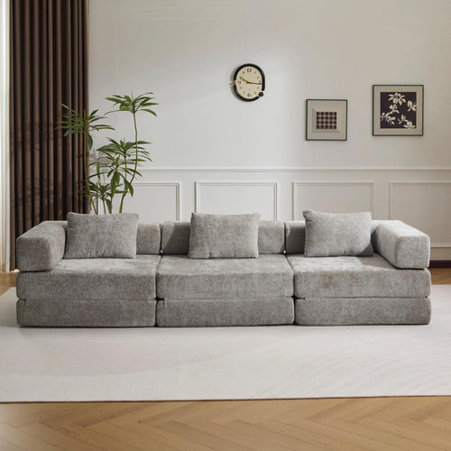 Grey Chenille Sofa Bed,Convertible Foldable Guest Bed with Pillows,3-Seater Loveseat Sofa,3-in-1 Modular Couch for Living Room