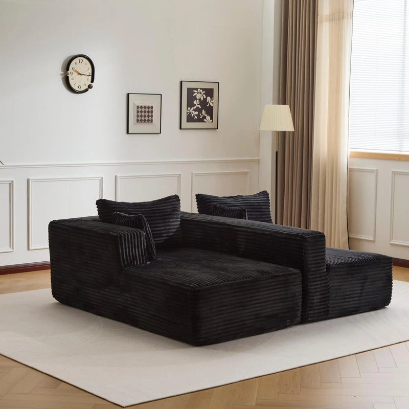 Modern Black Compressed Sofa,3-Seater L-Shaped Sofa with Pillows,No Assembly Required Deep Corduroy Sofa For Living Room,Bedroom