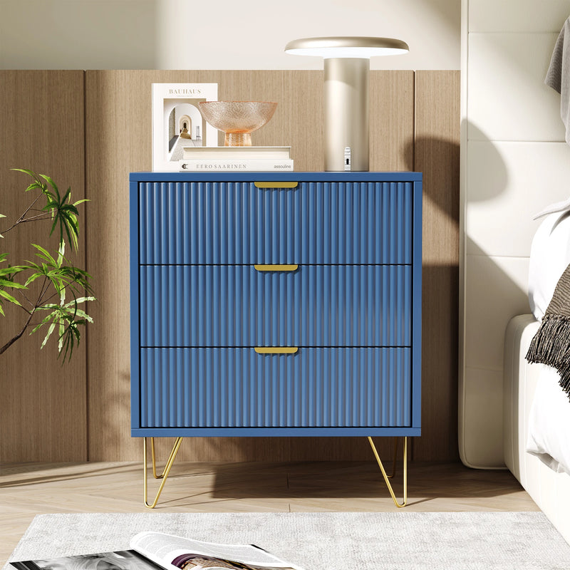 Rosahqnda Gold-plated Leg Bedside Table,Vertical Grain with Drawers,Suitable for Bedroom,Living Room,Dark Blue