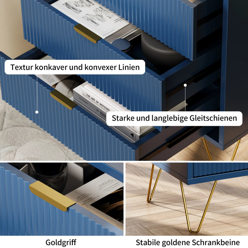 Rosahqnda Gold-plated Leg Bedside Table,Vertical Grain with Drawers,Suitable for Bedroom,Living Room,Dark Blue