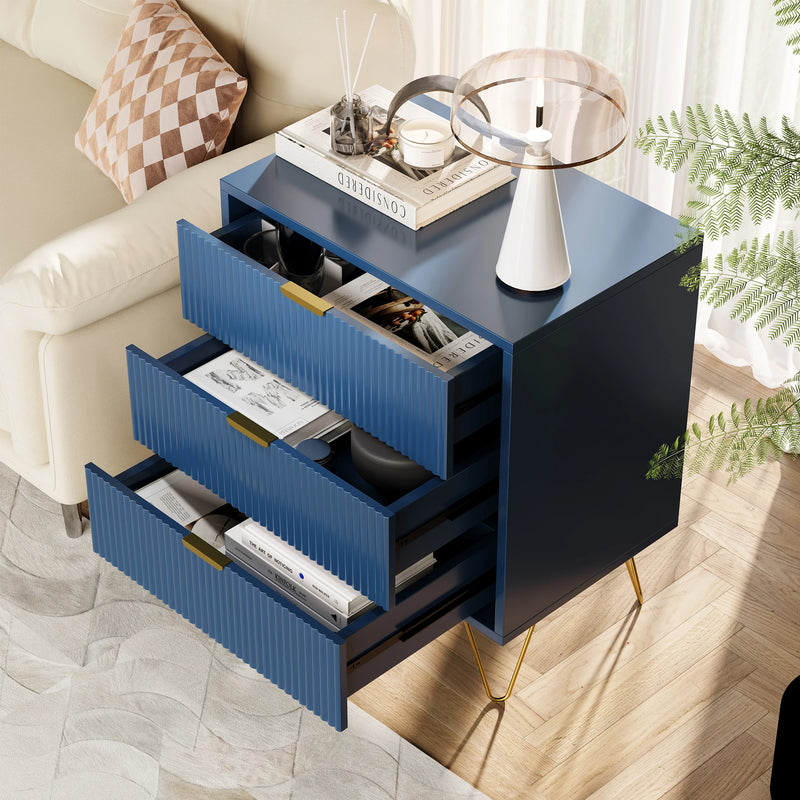 Rosahqnda Gold-plated Leg Bedside Table,Vertical Grain with Drawers,Suitable for Bedroom,Living Room,Dark Blue