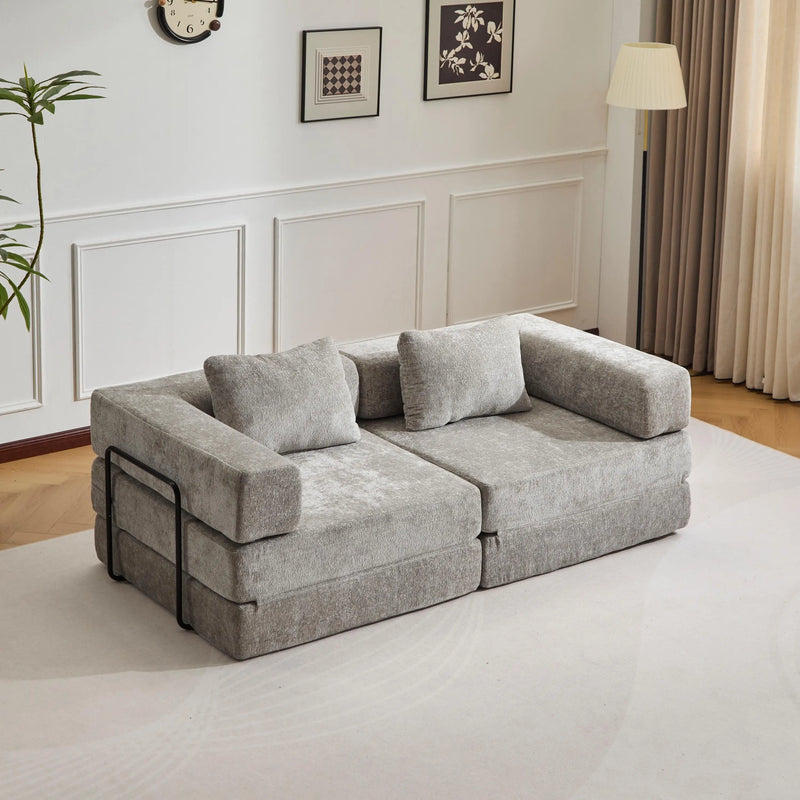 Grey Chenille Sofa Bed,Convertible Foldable Guest Bed with Pillows,3-Seater Loveseat Sofa,3-in-1 Modular Couch for Living Room