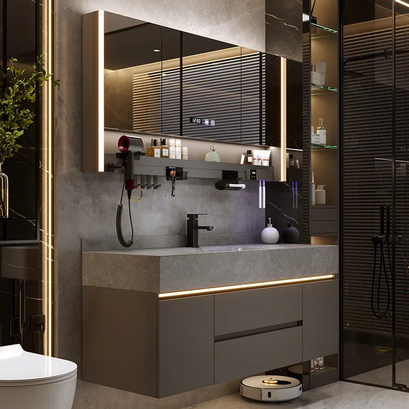 Bathroom Cabinet with Rock Plate Integrated Basin Bathroom Vanity Cabinet with Sink Smart Mirror Combination Bathroom Furniture