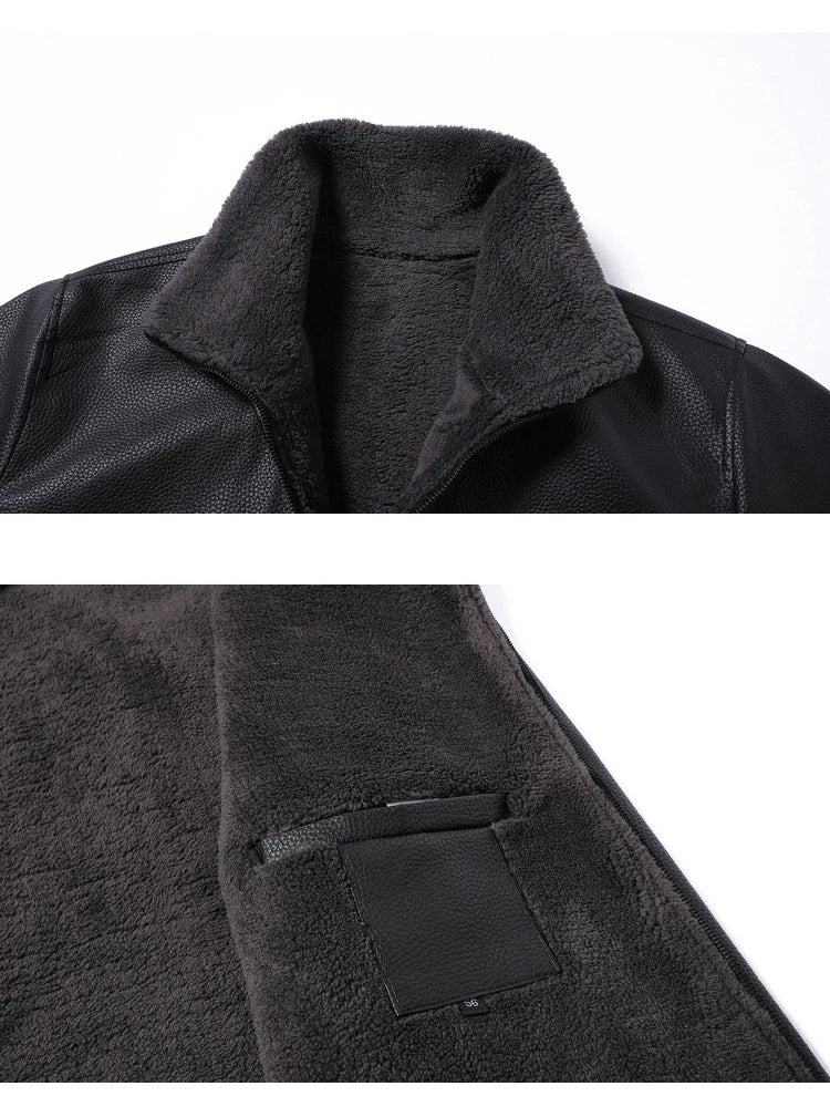 Soft Leather Jacket Men Fleece Lined Winter Faux Biker Jacket Black Fur Collar Motorcycle Leather Coat Casual Thick Warm Outwear