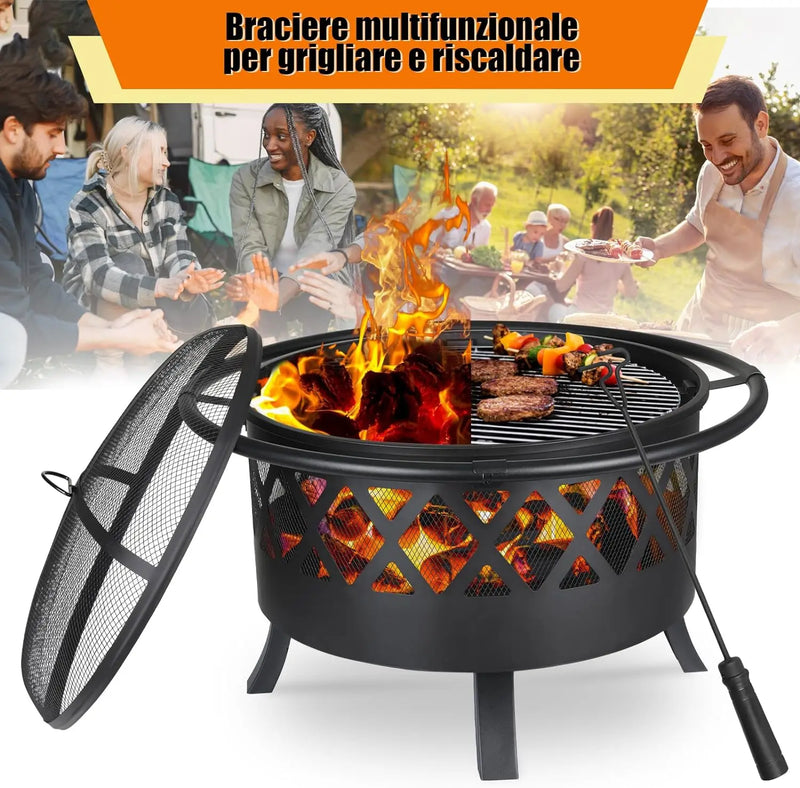Garden 3 in 1 Fire Bowl with Grill Grate, with Spark Protection, Ø81cm Fire Pit Fire Basket Spark Protection BBQ Heater