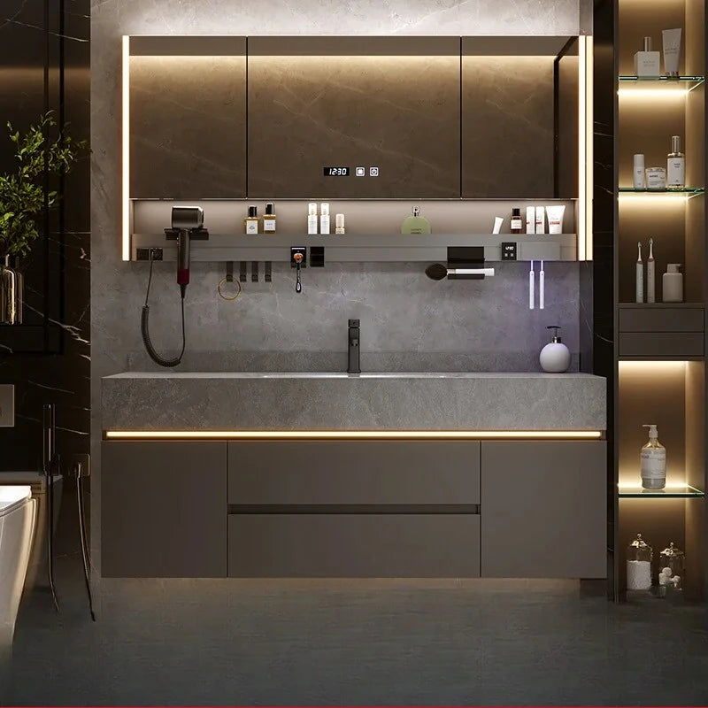 Bathroom Cabinet with Rock Plate Integrated Basin Bathroom Vanity Cabinet with Sink Smart Mirror Combination Bathroom Furniture