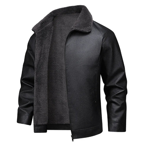 Soft Leather Jacket Men Fleece Lined Winter Faux Biker Jacket Black Fur Collar Motorcycle Leather Coat Casual Thick Warm Outwear