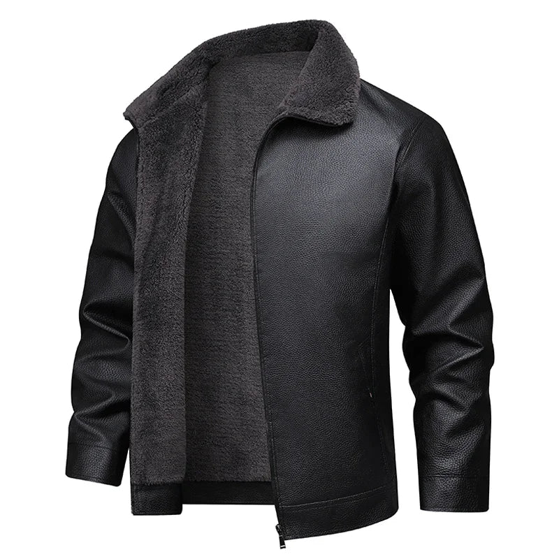 Soft Leather Jacket Men Fleece Lined Winter Faux Biker Jacket Black Fur Collar Motorcycle Leather Coat Casual Thick Warm Outwear