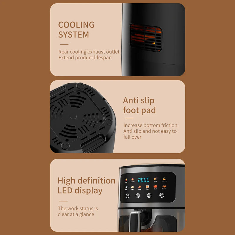 6L Electric Air Fryer with Viewable Window Smart Touch Digital Display Adjustable Temperature Household Oil free Frying Machine