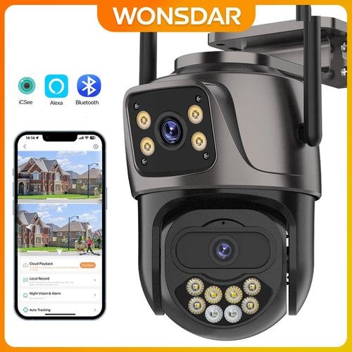 WONSDAR WIFI IP Camera Outdoor Dual Lens Security Camera 4MP Ai Human Detection Security Protection Waterproof Camera PTZ iCsee