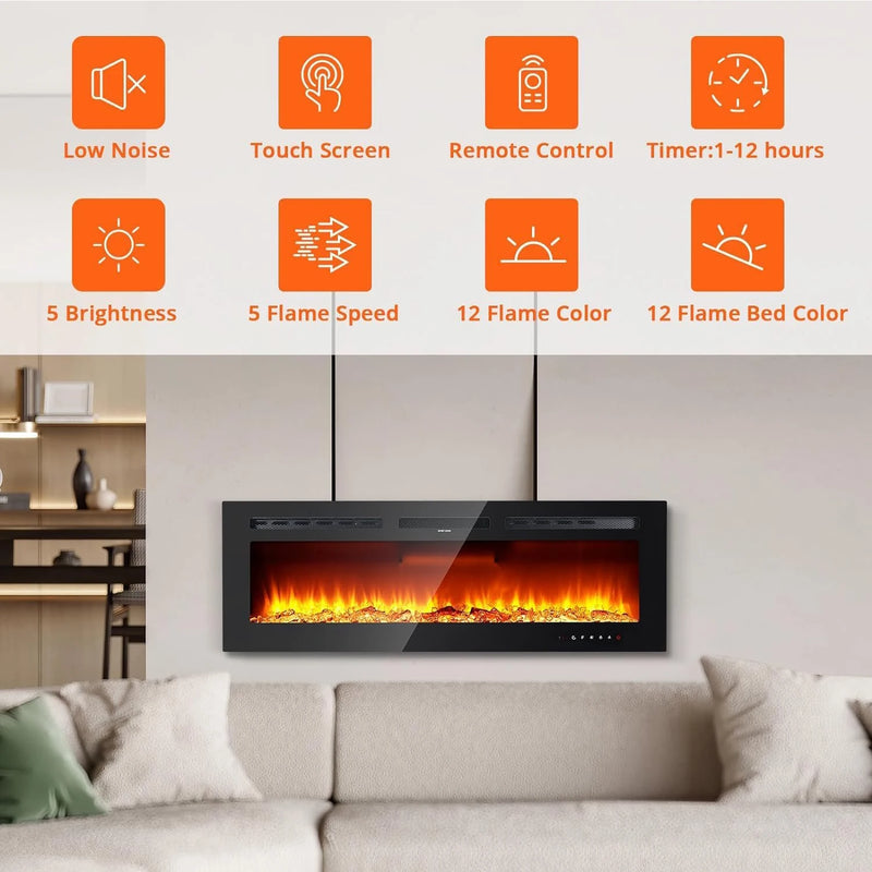 40/50/60inch Wall-Mounted Electric Fireplace, 220V 1500W, Two Levels Of Heating, 3D 12LED Color Modes and Realistic Flame Effect