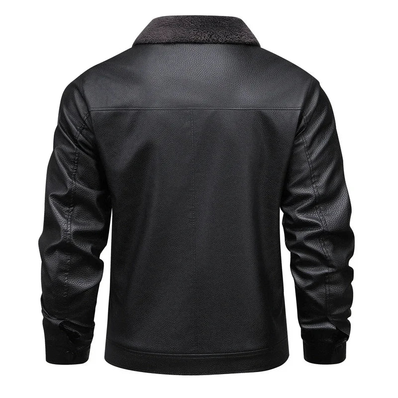 Soft Leather Jacket Men Fleece Lined Winter Faux Biker Jacket Black Fur Collar Motorcycle Leather Coat Casual Thick Warm Outwear