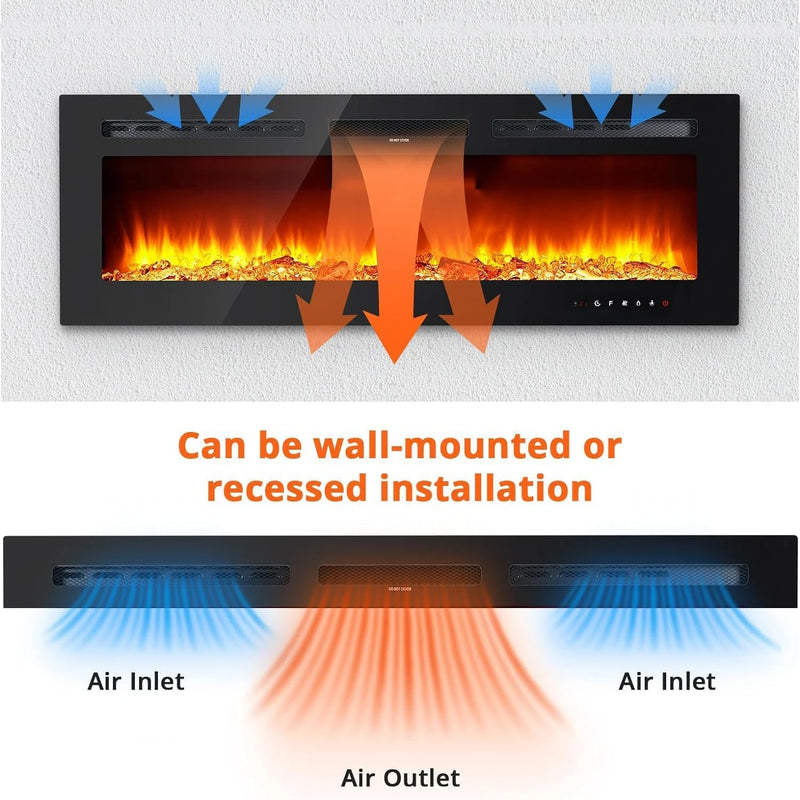 40/50/60inch Wall-Mounted Electric Fireplace, 220V 1500W, Two Levels Of Heating, 3D 12LED Color Modes and Realistic Flame Effect