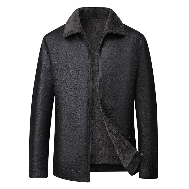 Soft Leather Jacket Men Fleece Lined Winter Faux Biker Jacket Black Fur Collar Motorcycle Leather Coat Casual Thick Warm Outwear