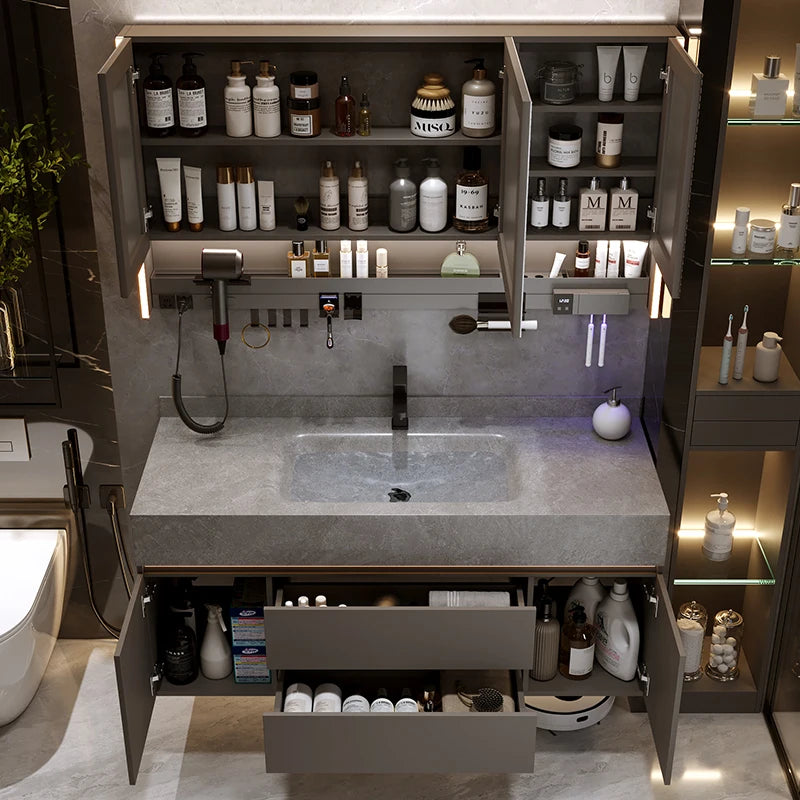 Bathroom Cabinet with Rock Plate Integrated Basin Bathroom Vanity Cabinet with Sink Smart Mirror Combination Bathroom Furniture