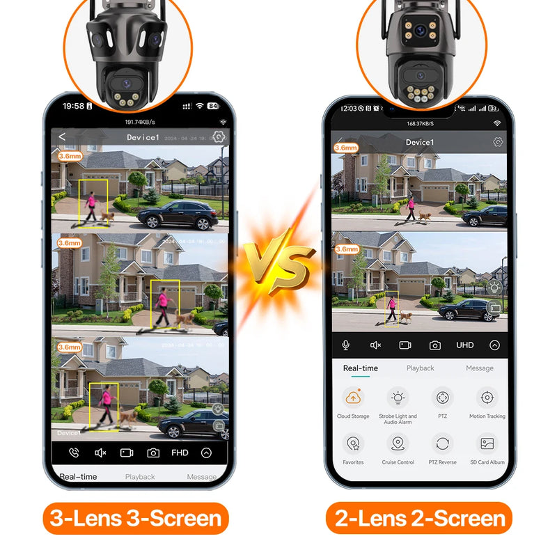 3-Lens 3-Screen 4K HD WIFI IP Camera 2-Lens 2-Screen PTZ Camera Ai Human Detection IP66 Waterproof CCTV Video Surveillance iCsee