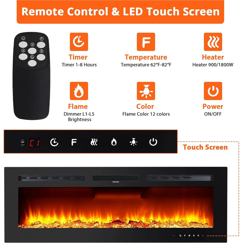 40/50/60inch Wall-Mounted Electric Fireplace, 220V 1500W, Two Levels Of Heating, 3D 12LED Color Modes and Realistic Flame Effect