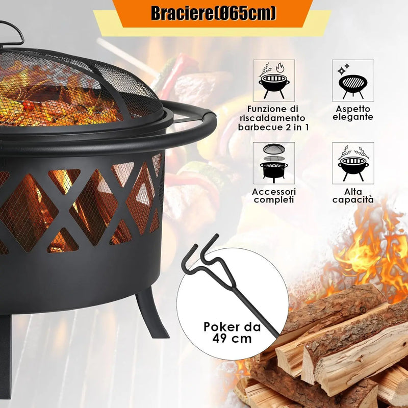 Garden 3 in 1 Fire Bowl with Grill Grate, with Spark Protection, Ø81cm Fire Pit Fire Basket Spark Protection BBQ Heater