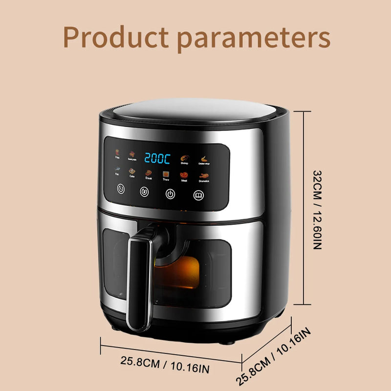 6L Electric Air Fryer with Viewable Window Smart Touch Digital Display Adjustable Temperature Household Oil free Frying Machine
