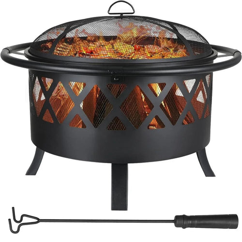Garden 3 in 1 Fire Bowl with Grill Grate, with Spark Protection, Ø81cm Fire Pit Fire Basket Spark Protection BBQ Heater