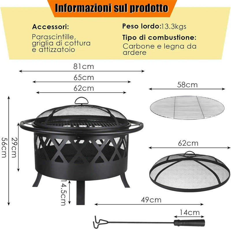 Garden 3 in 1 Fire Bowl with Grill Grate, with Spark Protection, Ø81cm Fire Pit Fire Basket Spark Protection BBQ Heater