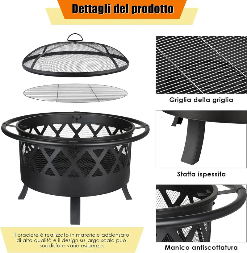 Garden 3 in 1 Fire Bowl with Grill Grate, with Spark Protection, Ø81cm Fire Pit Fire Basket Spark Protection BBQ Heater