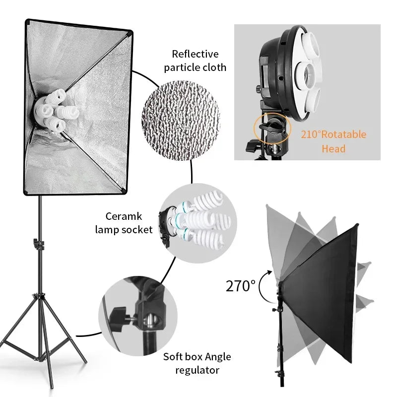 SH Photography Softbox Light Kit Four Lamp Holders Continuous Light System With E27 Photographic Bulb Accessories Photo Studio